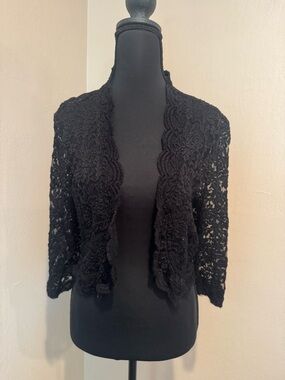 Connected Apparel Black Lace Open-Front Cardigan 3/4 Sleeves